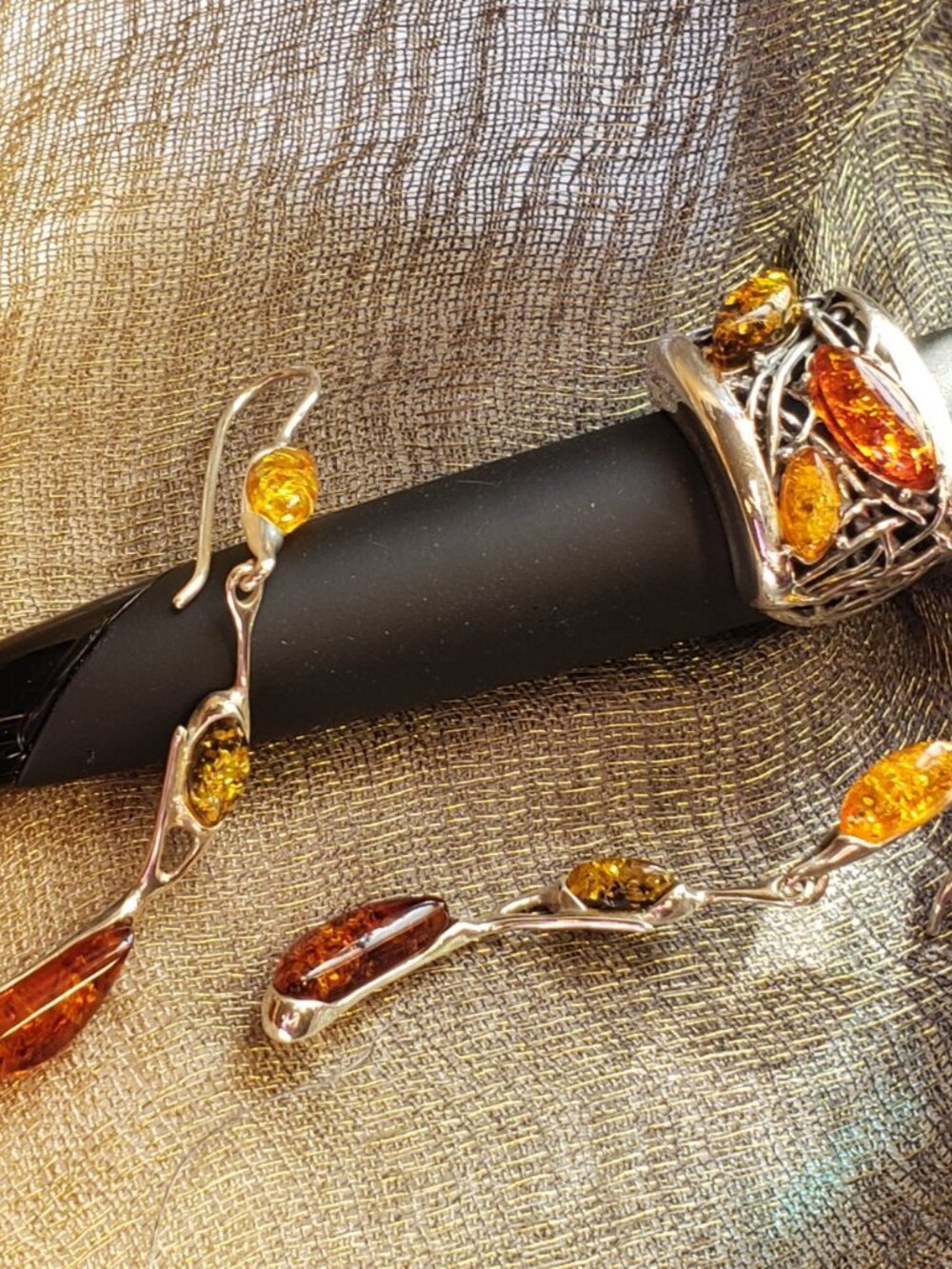 BUNDLE: Multi-Color Baltic Amber |  Dangle Earrings + Sterling Silver Ring